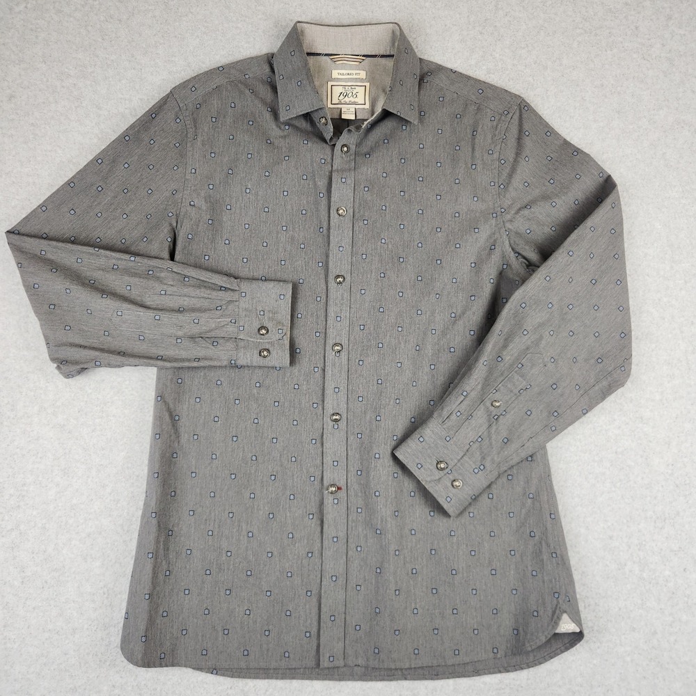 Jos A Bank 1905 Mens Tailored Fit Grey Blue‎ Geometric Cotton Shirt Medium 0531